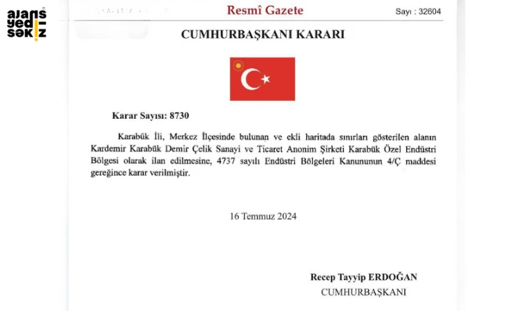 Resmi Gazete'de yayımlanan Cumhurbaşkanı kararıyla KARDEMİR, Karabük Özel Endüstri Bölgesi statüsüne kavuştu.